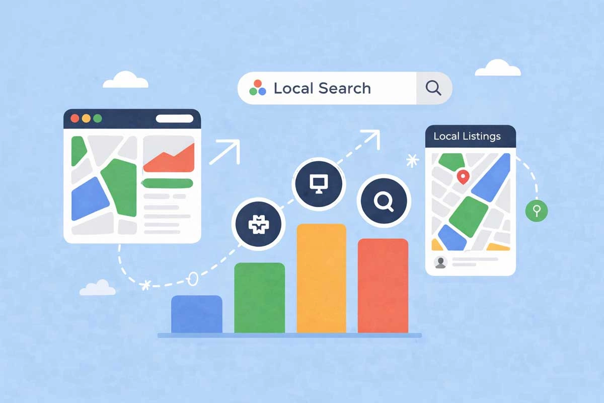 Core elements of local SEO including website structure and business listings
