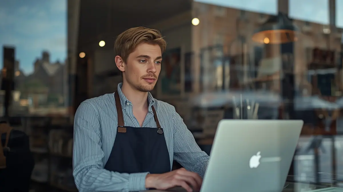 A small business owner checking search results on a laptop in a shop
