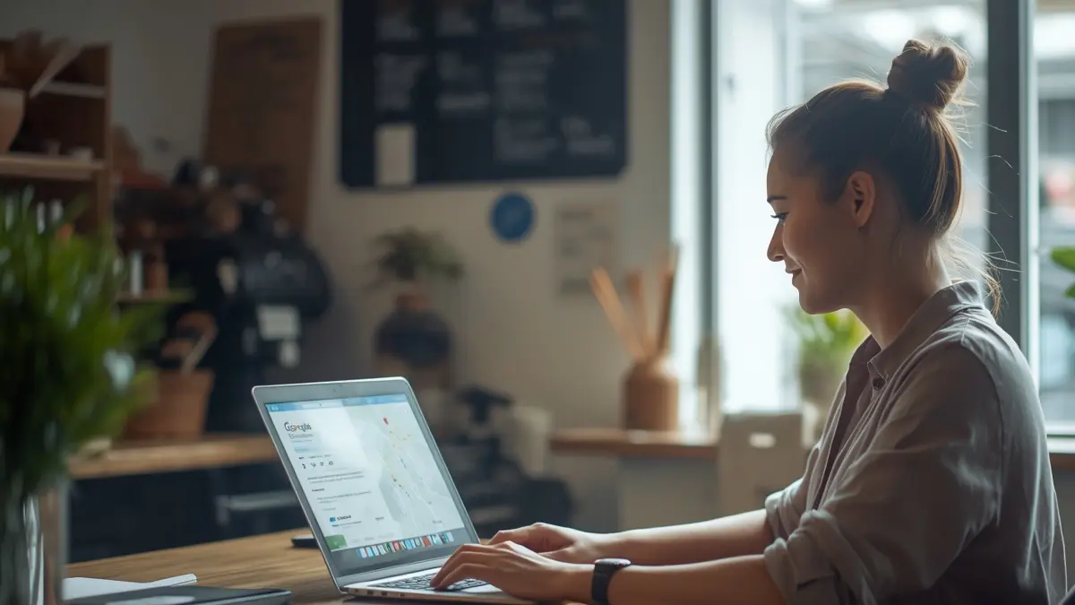 A UK shop owner checking their Google Business Profile on a laptop at the counter