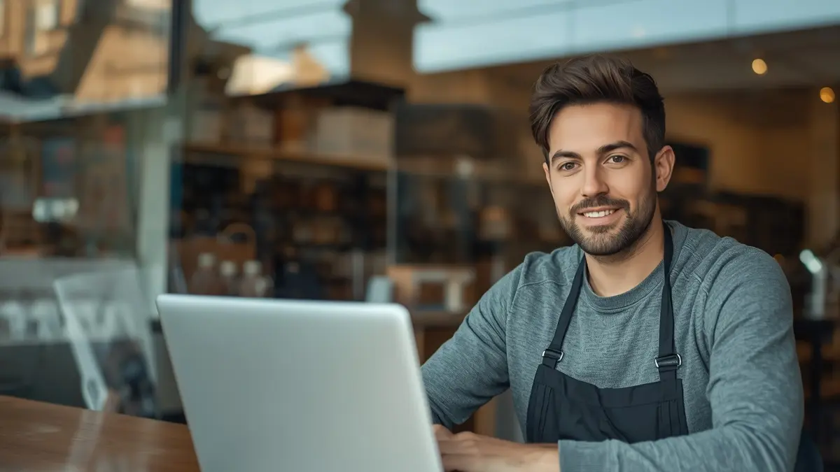 A small business owner reading customer reviews on a laptop in a shop