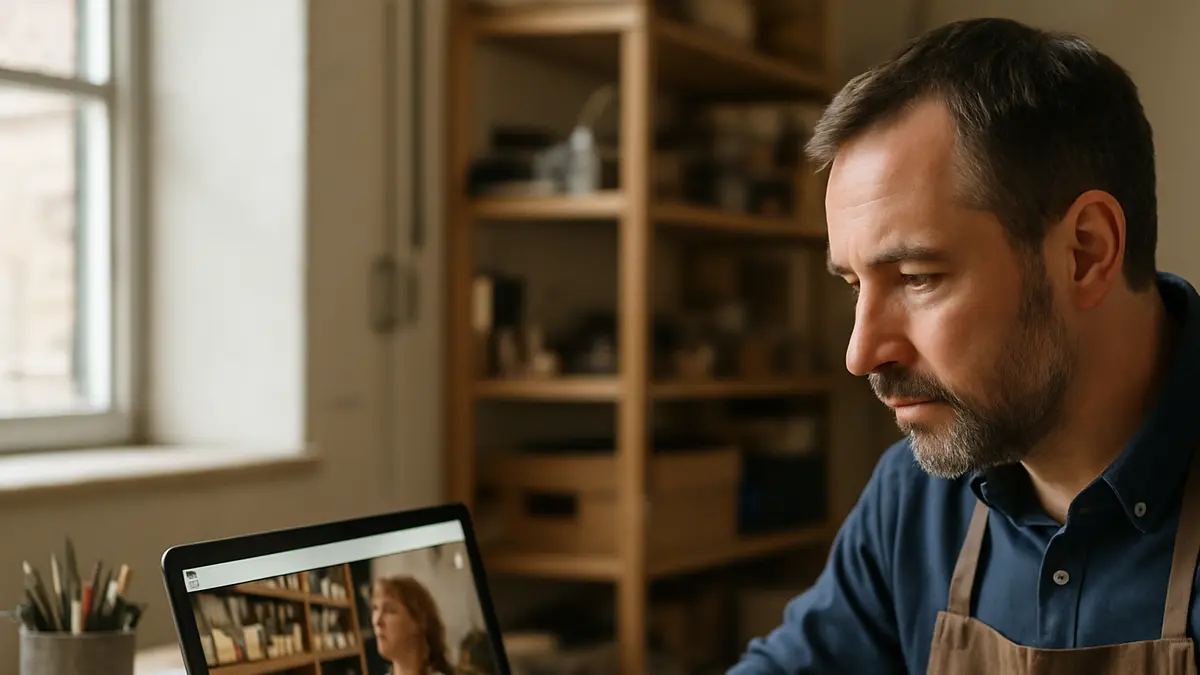 Small business owner reviewing their website service page on a laptop in a workshop
