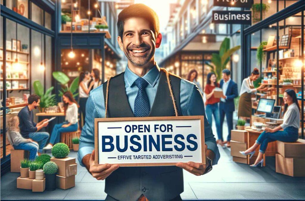 happy business owner showing open for business sign